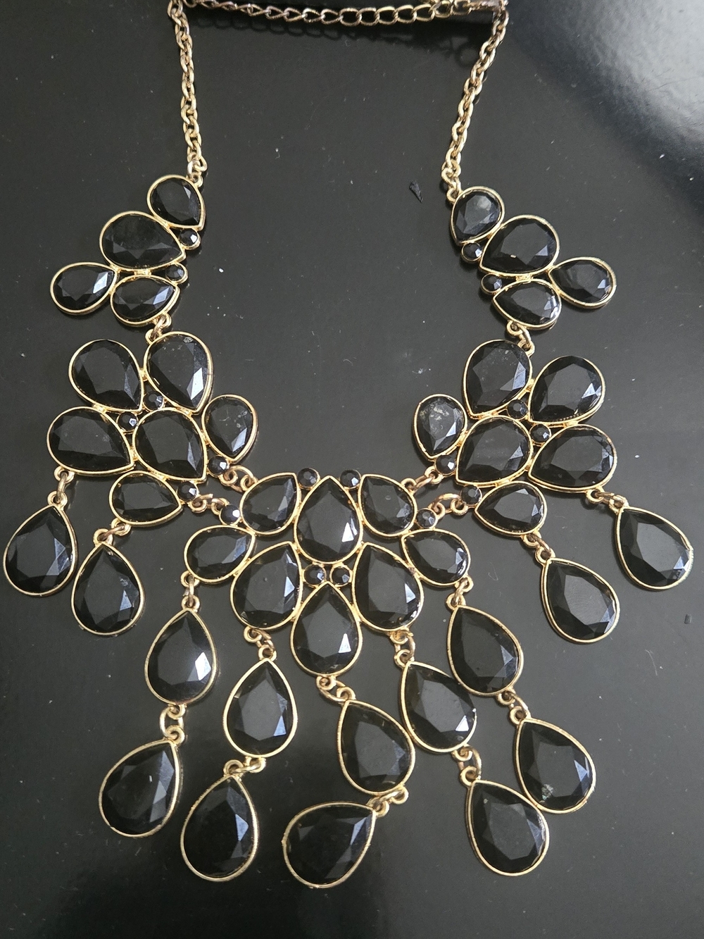 Gold-Tone Statement Necklace with Black Teardrop Stones & Earrings.Women Jewelry